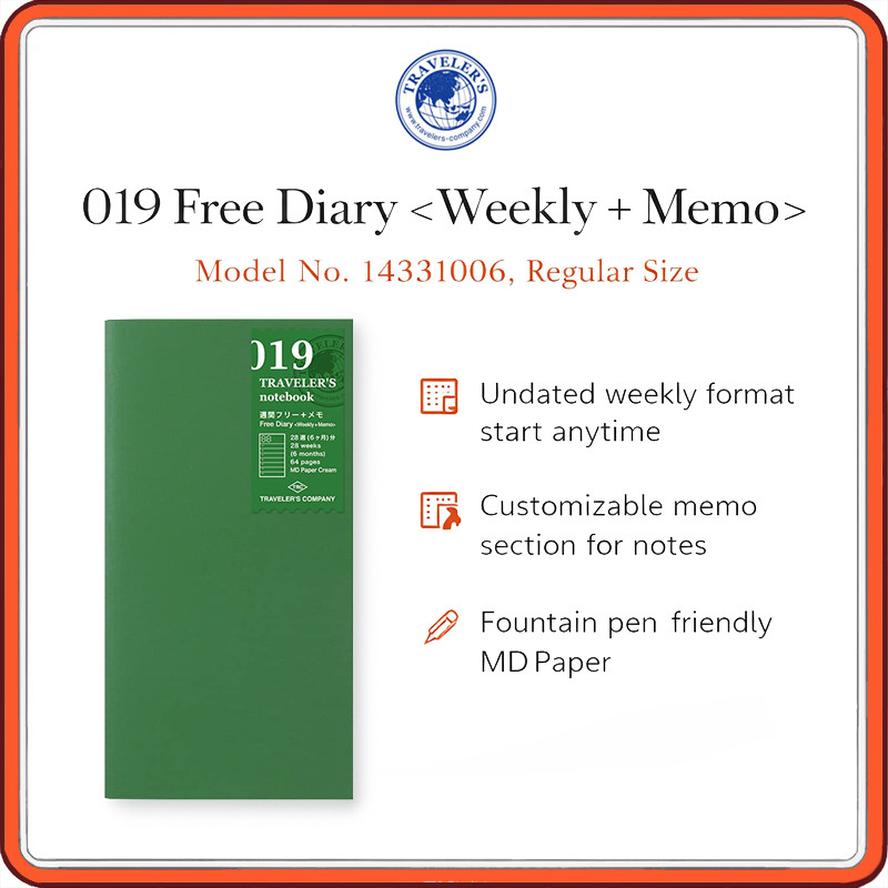 TRAVELER’S COMPANY 019 Free Diary Weekly + Memo Refill 14331006 – Regular Size Undated Planner Inser