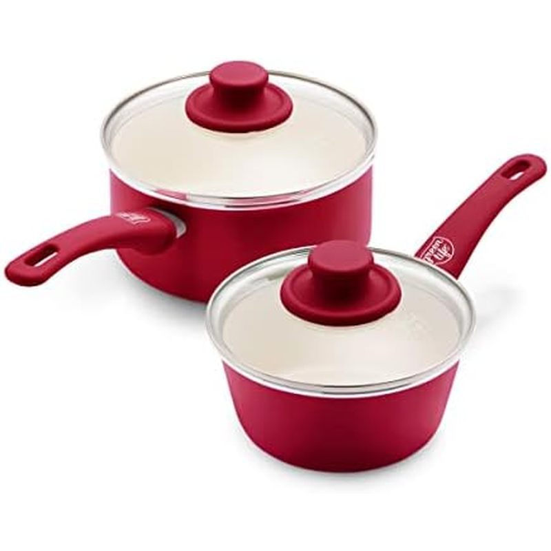 GreenLife Soft Grip 1QT และ 2QT Saucepan Set, เซรามิคเพื่อสุขภาพ Nonstick, Non Toxic PFAS &   PFOA-F