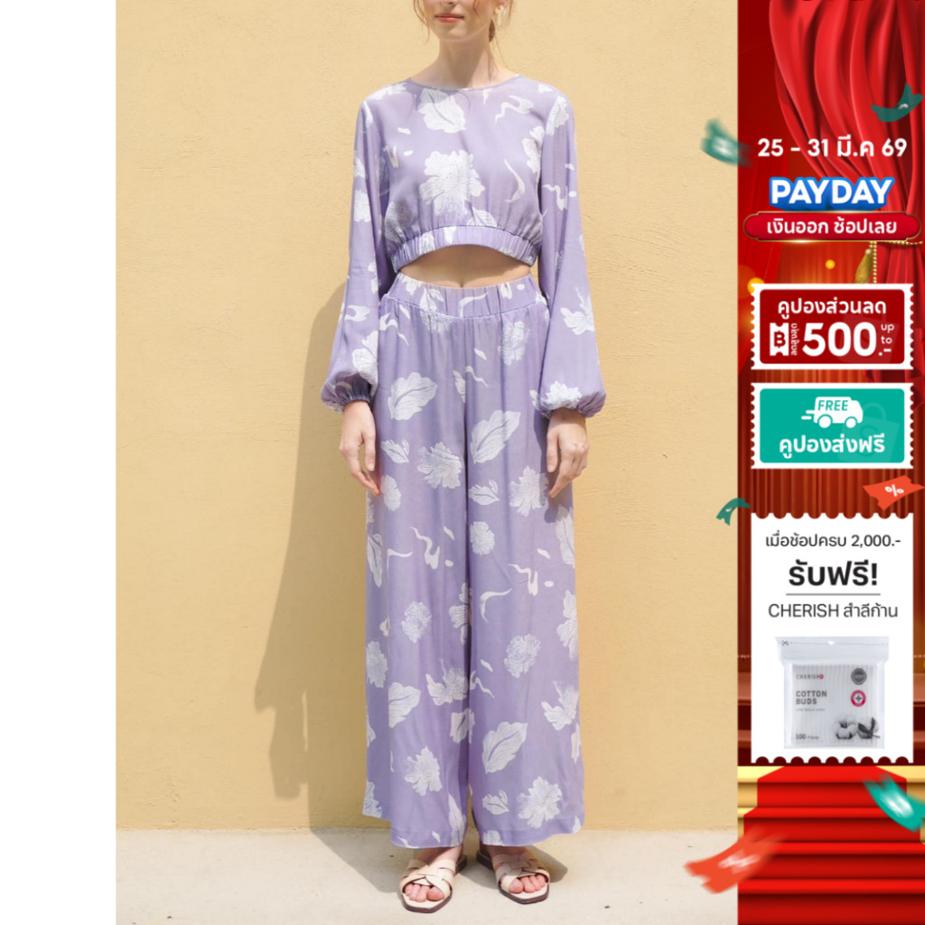 INCO WOMEN เสื้อครอปแขนยาว ลายดอกไม้ ผ้าโพลีพิมพ์ลาย