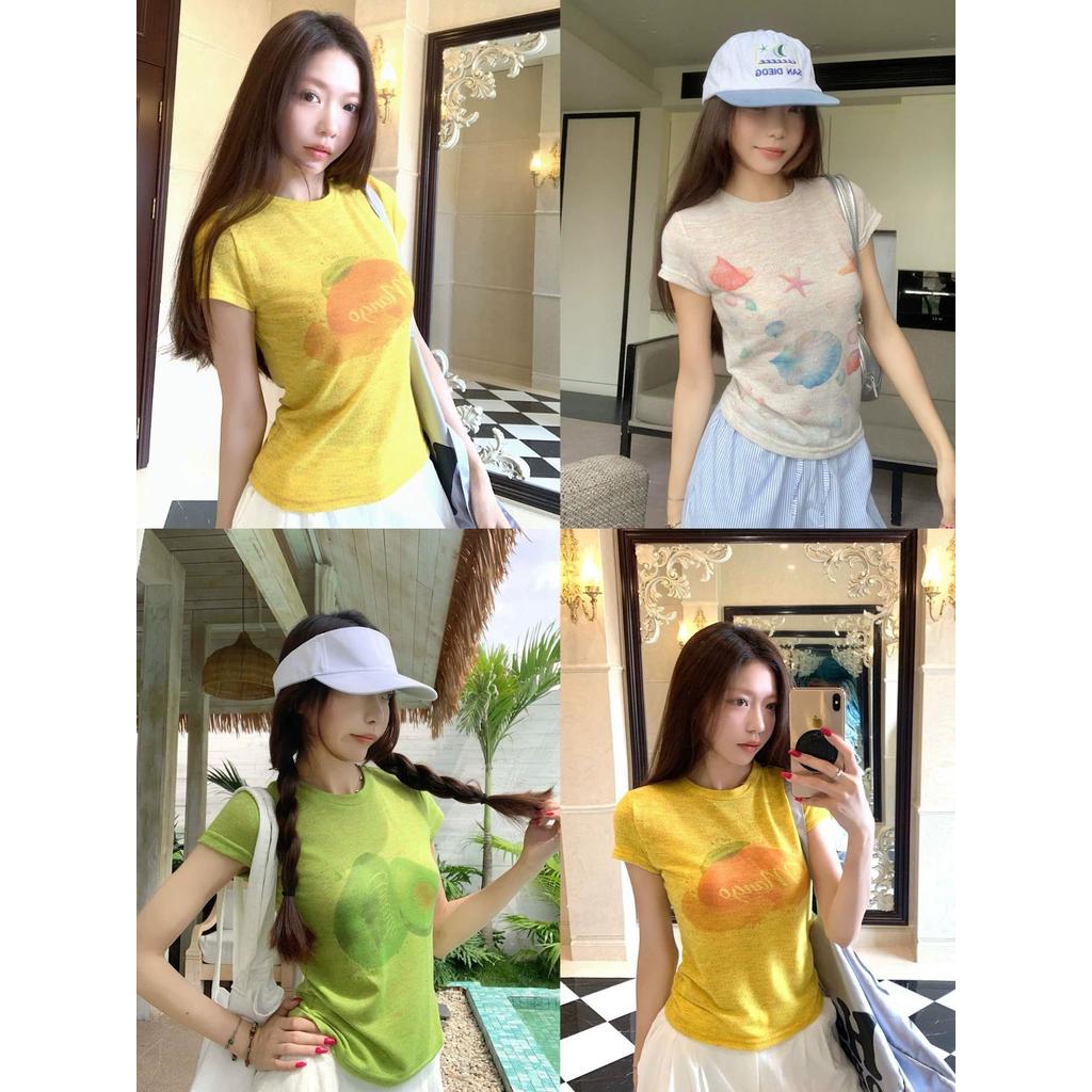 เสื้อแขนสั้นผู้หญิงพิมพ์ผลไม้รอบคอ สไตล์สลิมฟิต สบายๆสำหรับฤดูร้อน