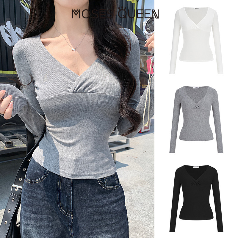MOSESQUEEN เสื้อแขนยาว คอนุ่ม ลายคอเวทรงครอส น้ำหนักเบา ระบายอากาศได้ดี สไตล์ฟิต สําหรับชีวิตประจำวันและออกเดท #63611