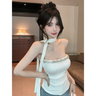 Vogue🌟พร้อมส่ง🌟 เสื้อเกาะอก ตกแต่งเพชร เสริมฟองน้ำ แถมผ้าพันคอเก๋ พอดีตัว (FY2939)