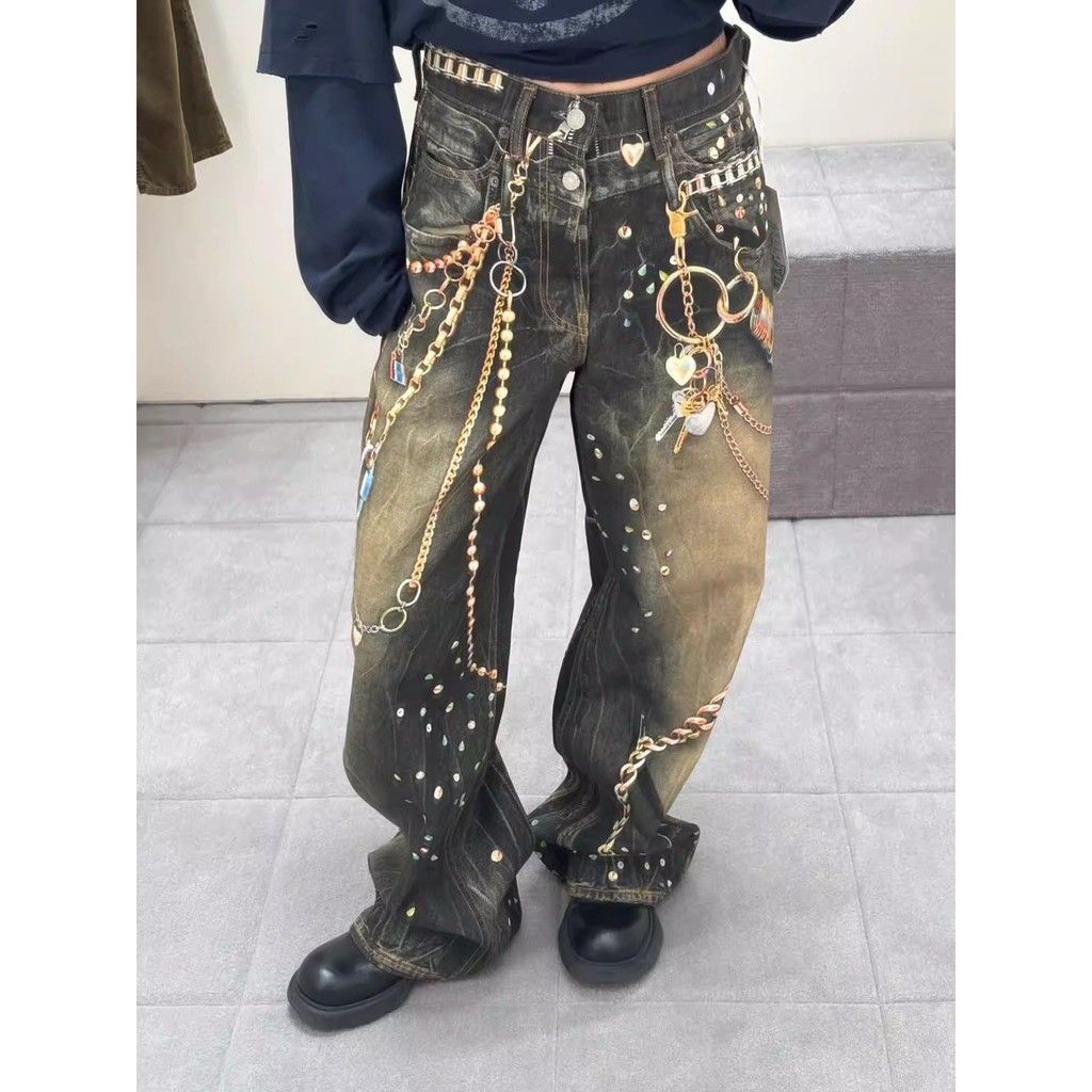 The Greatest Works Times Youth League She Burdens 26 Limited Chain Wide-Leg Jeans Graffiti 0261tuya2