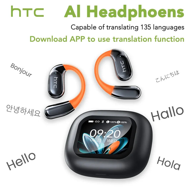HTC NE27 หูฟังบลูทูธ AI OWS หูฟังกีฬาหน้าจอ LCD หูฟังไร้สายเรืองแสง Earhook Translator หูฟัง