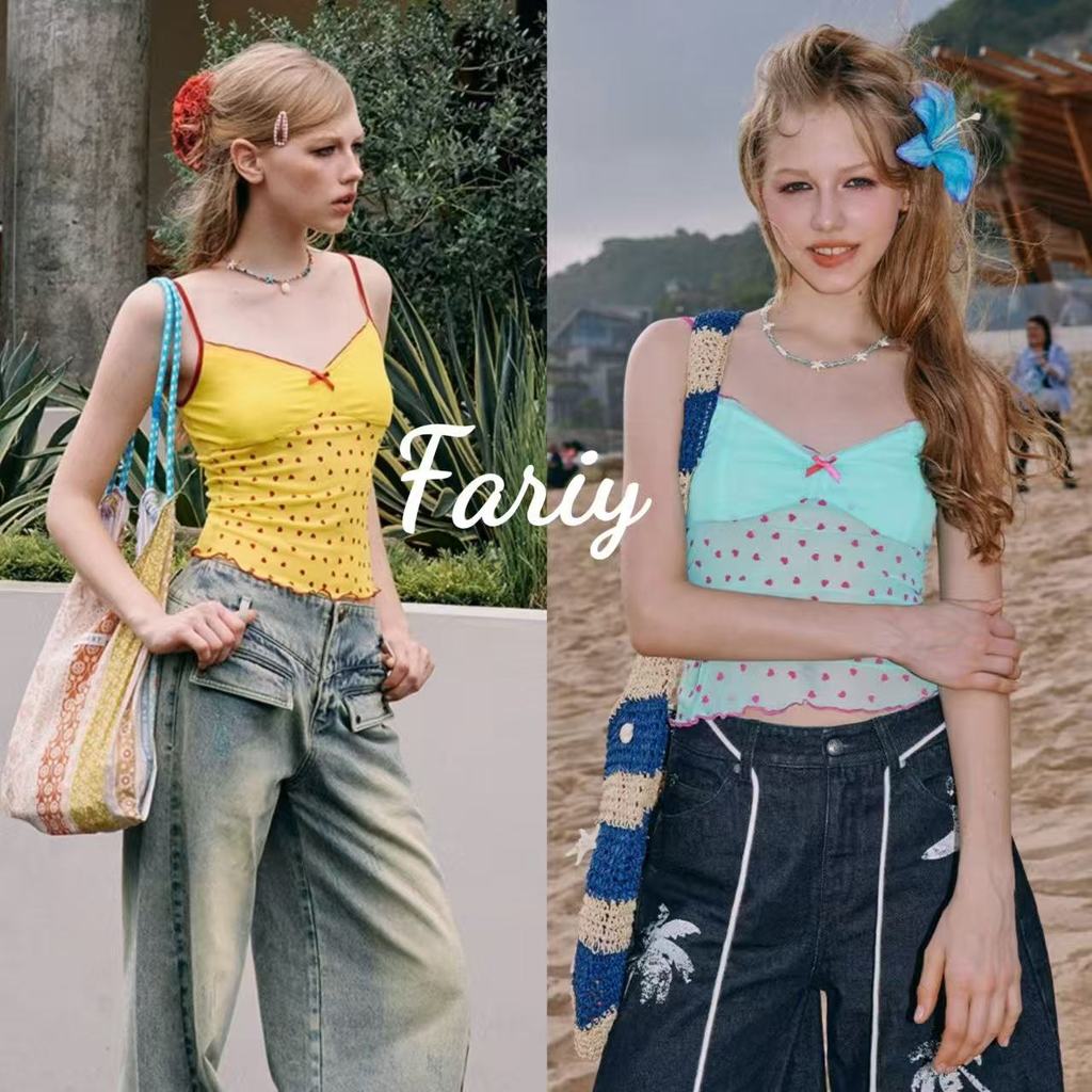 Fariy🍒คลังสินค้าพร้อม🍒เสื้อสายเดี่ยวคอวีสไตล์เรโทรอเมริกันใหม่สำหรับผู้หญิง ทรงเข้ารูป สวยงาม และเหมาะสำหรับฤดูร้อน