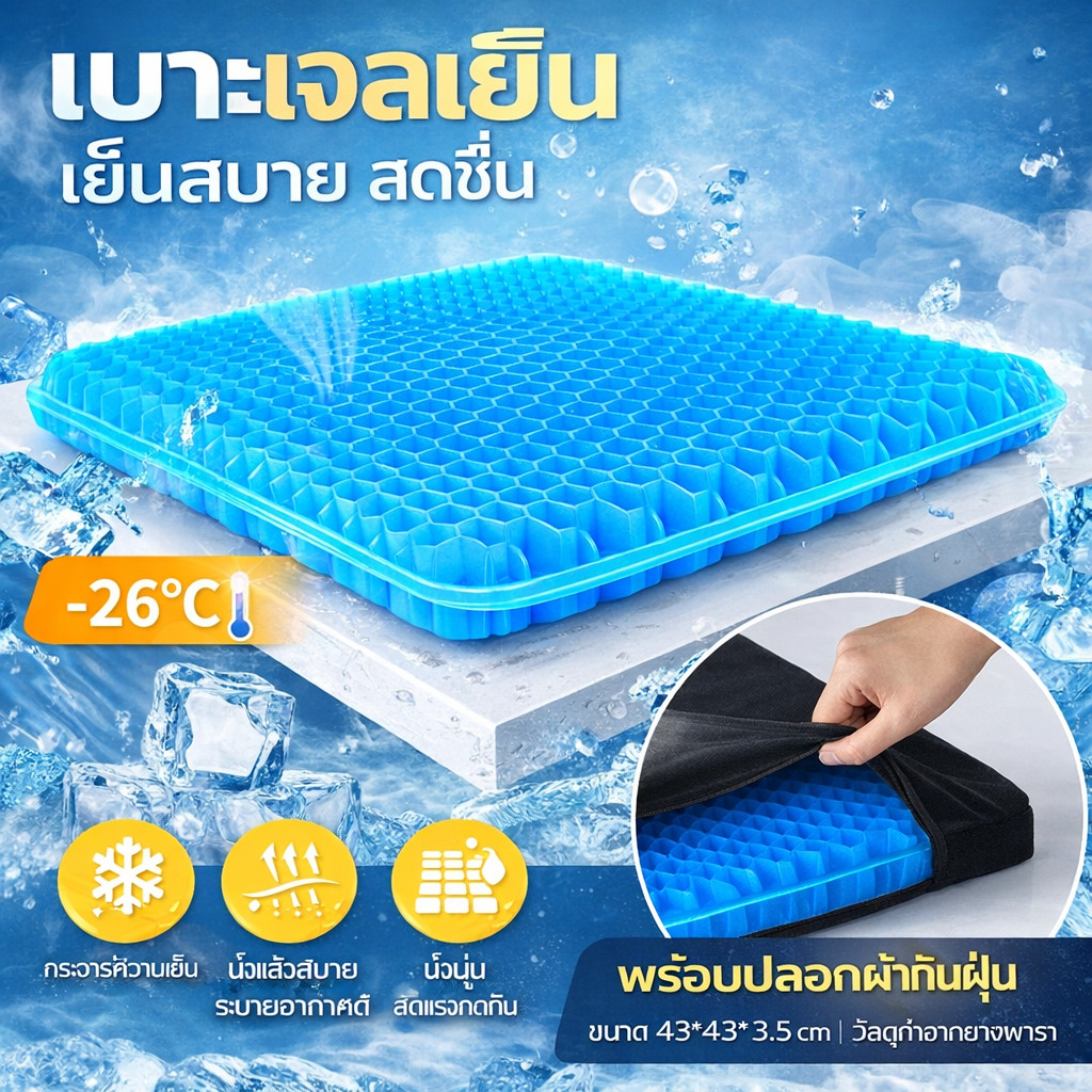 เบาะเจลรังผึ้ง นั่ง12 ชั่วโมงไม่เหนื่อย 43*43*3.5c พร้อมถุงผ้า เบาะรองนั่งเนื้อเจลรังผึ้ง เบาะเจลรองนั่ง เบาะรองนั่งเจล