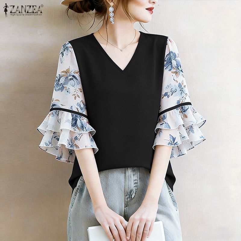 ZANZEA สไตล์เกาหลี ผ้าพิมพ์ลาย꽃 คอวีแขนระบาย สีบล็อกสำหรับสาวๆ — صورة 5
