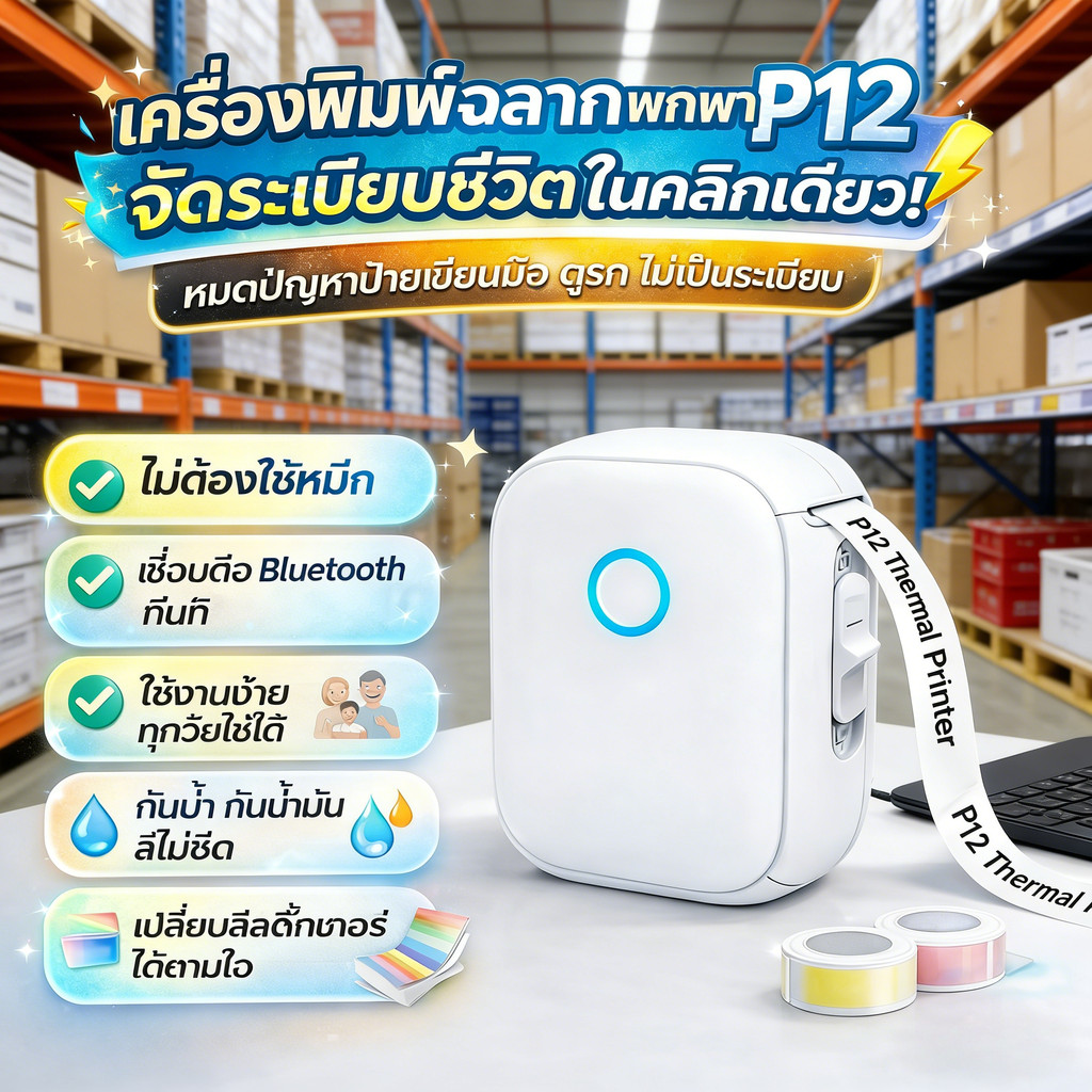 เครื่องพิมพ์ฉลาก P12 Mini Printer Bluetooth ไร้หมึก เครื่องปริ้นสติกเกอร์ กันน้ำ พร้อมส่งจากไทย