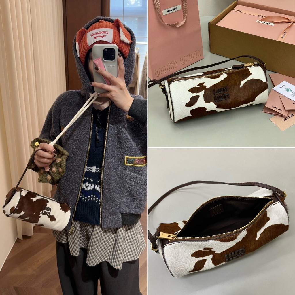 【พรีออเดอร์ 15 วัน】M1U F0055 กระเป๋าถือ กระเป๋าทรงกระบอก หนังวัวขนธรรมชาติ 9*22*9cm