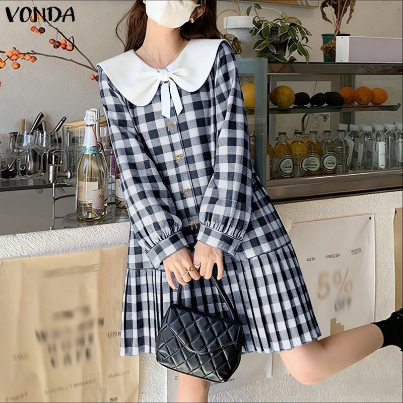 VONDA تنورة كورية بياقة دمية وفيونكة وكسرات كاروهات — صورة 6