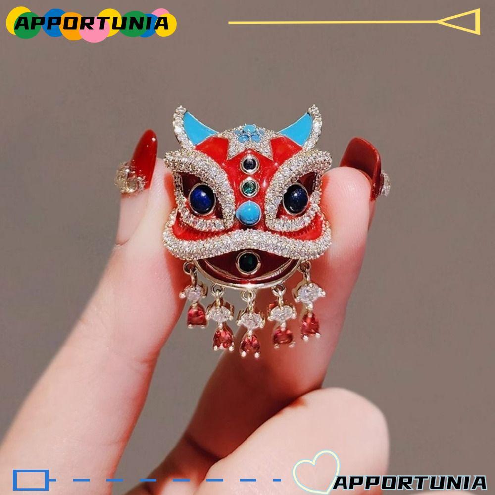 APPORTUNIA เข็มกลัดสิงโต ออกแบบสไตล์จีนด้วยโลหะผสมสังกะสี มีลายใบเมเปิ้ลสีแดงและส้ม เหมาะสำหรับใช้ตกแต่งเสื้อกันหนาว