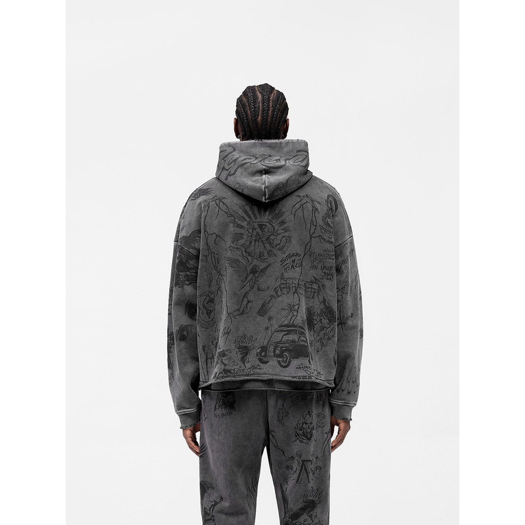 67HK REPRESENT Angel Car Full Body Pattern Print Distressed Washed Hoodie Sweatshirt Trendy