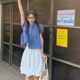 Red Berry เสื้อเชิ้ตแขนสั้นลายตารางหมากรุก ดีไซน์สไตล์เกาหลี คอปกปีเตอร์แพน W700