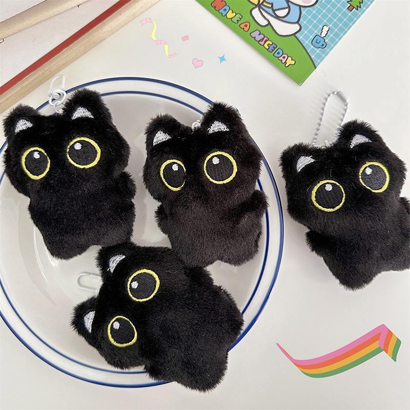 BBTH 1PC 12 ซม.น่ารักพวงกุญแจตุ๊กตาสีดําการ์ตูนลูกแมวนุ่มยัดตุ๊กตาจี้กุญแจรถแหวนกระเป๋าเป้สะพายหลังก