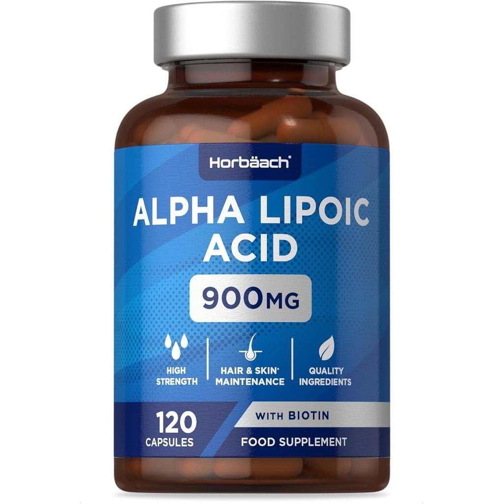อัลฟ่า ลิโพอิค แอซิด 900มก | แคปซูล ALA 120 แคปซูล | คอมเพล็กซ์กับไบโอติน 999ug | ปราศจากสารกันบูดปร