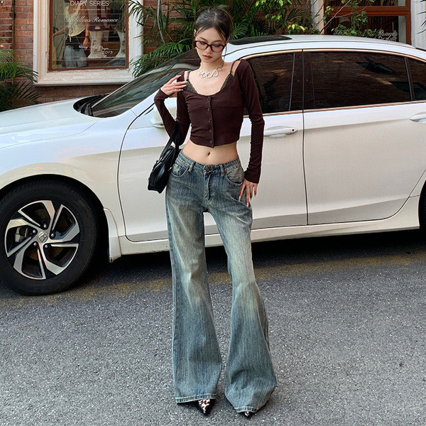 กางเกงสแล็ค กางเกงขาม้า baggy jeans หญิง กางเกงวอร์ม จิจู#美式高街辣妹竹节纹微喇牛仔裤女低腰宽松显瘦百搭喇叭裤潮