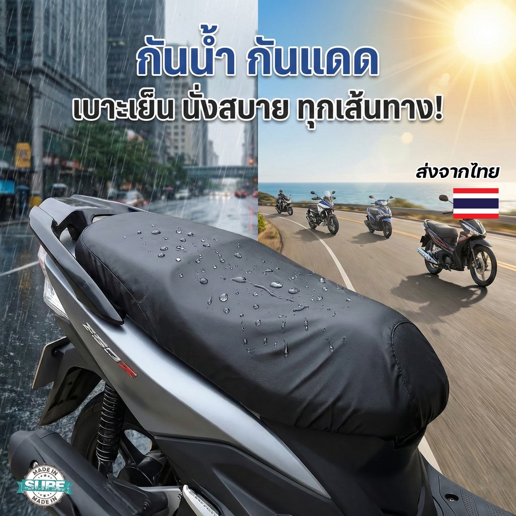 ผ้าหุ้มเบาะรถมอเตอร์ไซค์ ทรงสวย กระชับเบาะ ไม่อมน้ำ กันแดด กันฝน ช่วยถนอมเบาะเดิม ใช้งานได้นาน
