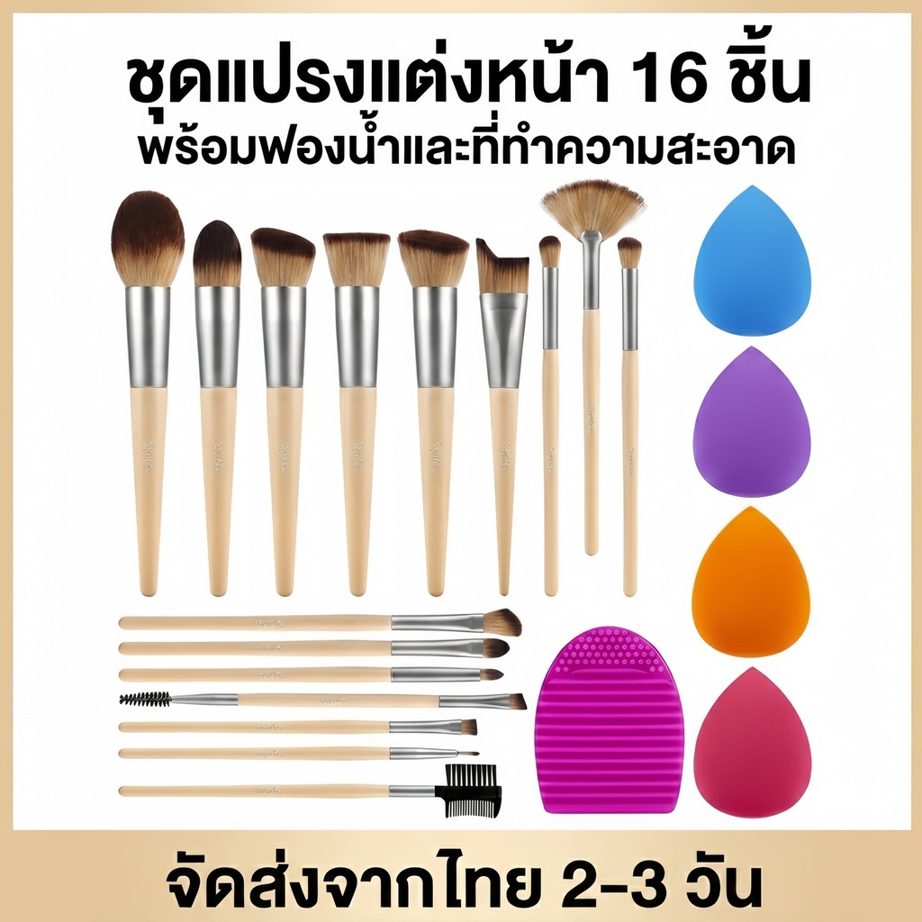 [พร้อมส่ง] ชุดแปรงแต่งหน้า 16 ชิ้น ขนนุ่มเกรดพรีเมียม ครบเซ็ต พร้อมฟองน้ำและที่ล้างแปรง ด้ามไม้สวยงาม ส่งไวจากไทย