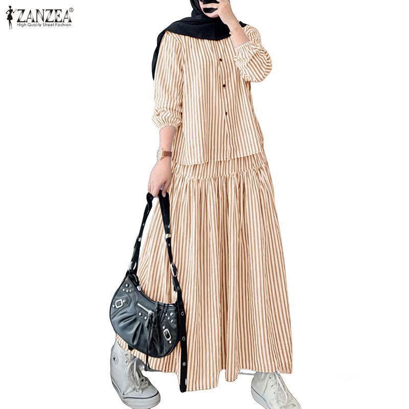 ZANZEA ผู้หญิงมุสลิม Commute ลําลองคอกลมแขนยาวปุ่ม A-Line Stripe ชุดสองชิ้น