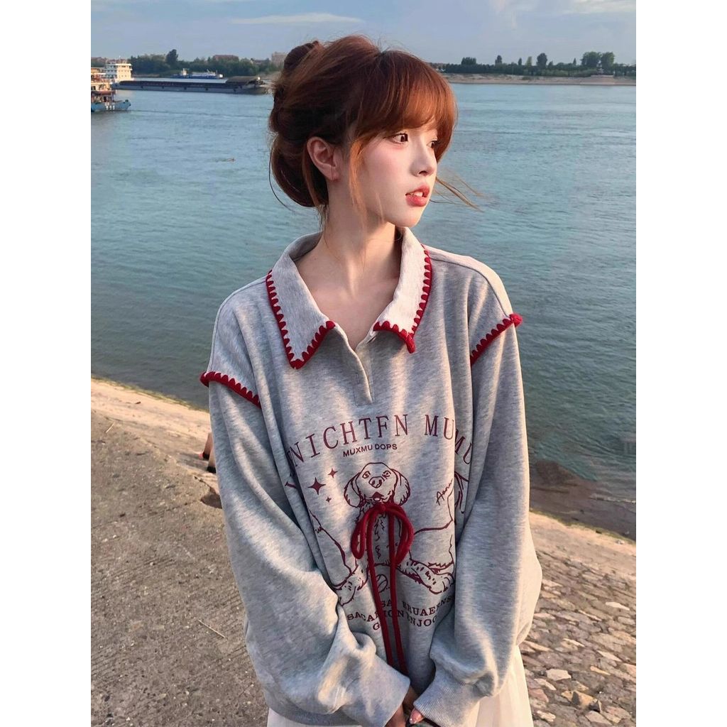 ปลาค็อด ทับทิมบ้านย้อนยุคกระโหลกสไตล์เย็บลูกสุนัขโปโลเสื้อคอปกผู้หญิงต้นฤดูใบไม้ร่วงสไตล์ใหม่หลวมสบา