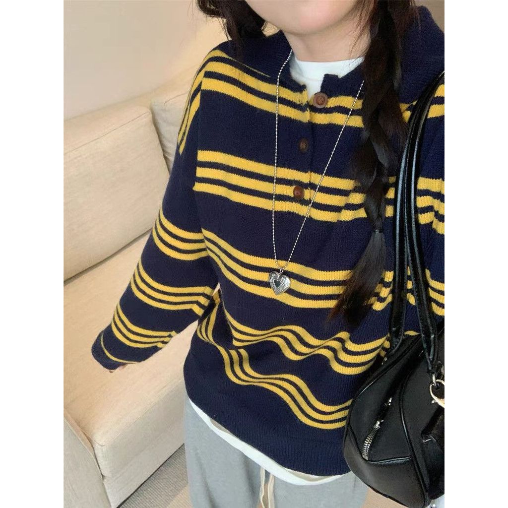 COD Contrast Color Stripes 2025 แขนยาวโปโลเสื้อกันหนาวเสื้อถักสไตล์ใหม่หลวม Retro Pullover Top 2026 