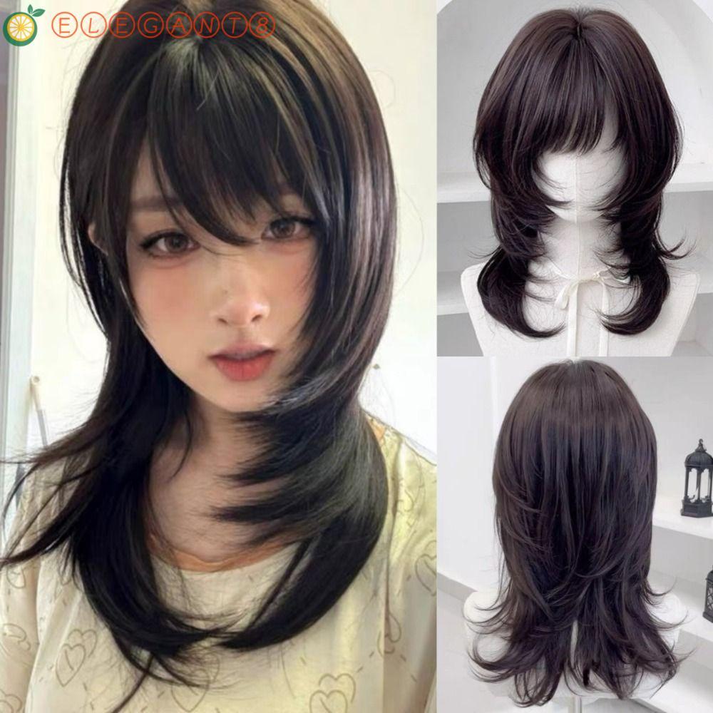 AELEGANT แมงกะพรุนวิกผม Bangs, สีน้ําตาลธรรมชาติสีดําขนาดกลางตรง Layered วิกผม, Full Head Wolf Cut H