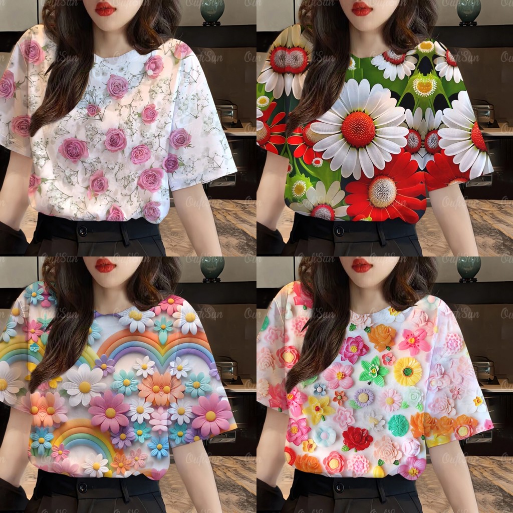 เสื้อสงกรานต์2569เสื้อยืดลายดอกไม้สำหรับผู้หญิง เสื้อผ้าลายดอกไม้ เสื้อยืดท็อปส์ เสื้อยืดแขนสั้นสบายๆ เสื้อถนนสวมใส่ โอเวอร์ไซส์ สินค้า