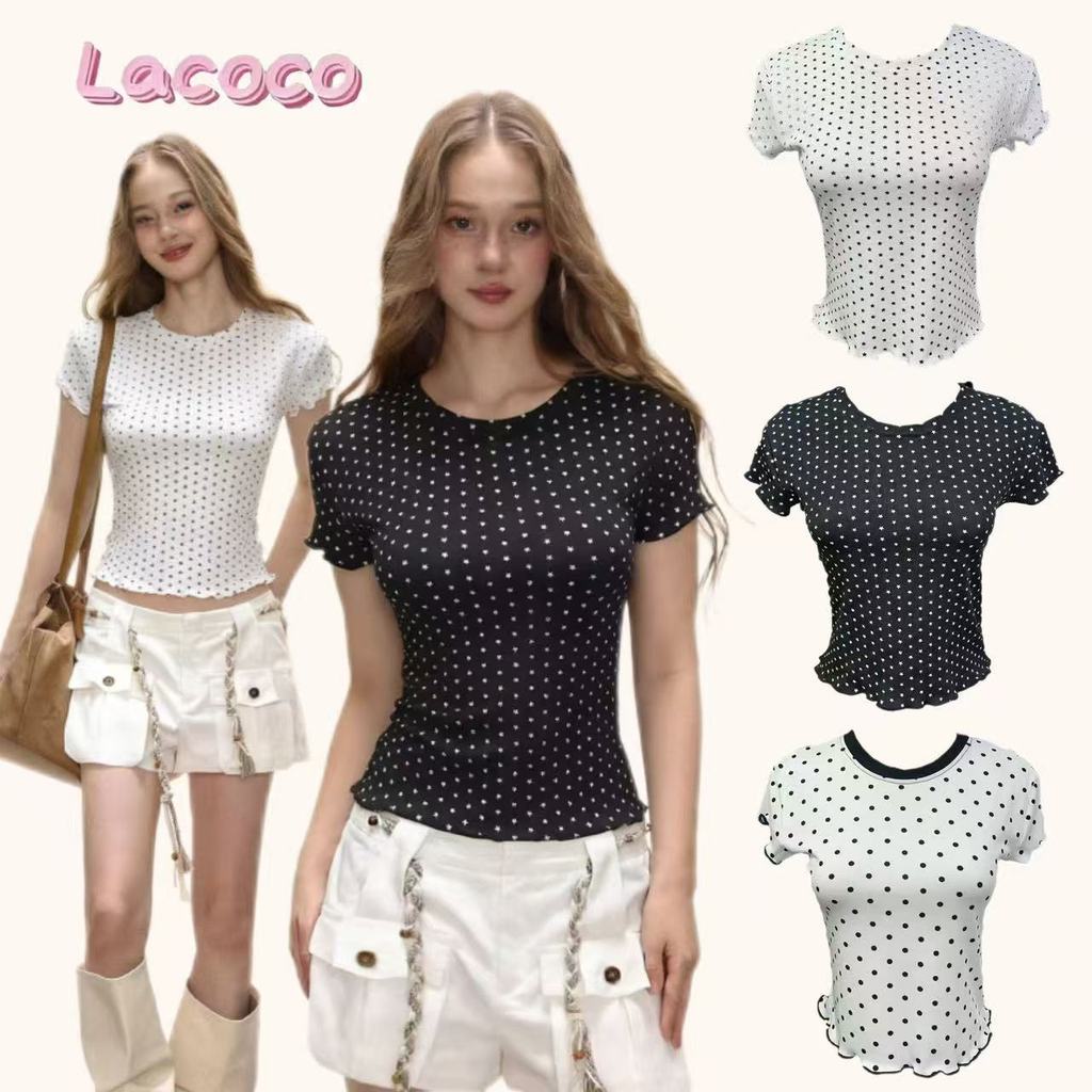 Lacoco🍓คลังสินค้าพร้อม🍓เสื้อยืดแขนสั้นคอกลมลายจุดสำหรับผู้หญิง เสื้อตัวในแฟชั่นฤดูร้อน ทรงเข้ารูป สวมใส่สบาย ดูดีมีสไตล์