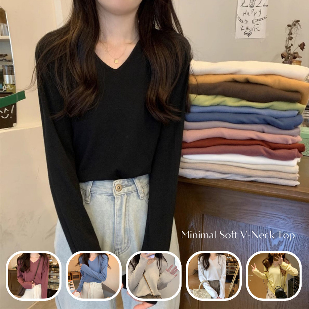 เสื้อแขนยาวคอวี ผ้านุ่ม สไตล์เกาหลี | Minimal Soft V-Neck Top | ใส่ทำงาน/คาเฟ่ freesize