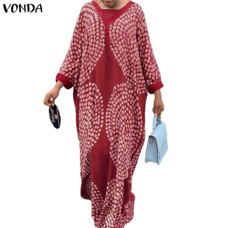 VONDA ชุดเดรสแม็กซีทรงหลวมสำหรับผู้หญิง สไตล์วินเทจพริ้นท์ดอต คอวีแขนยาว