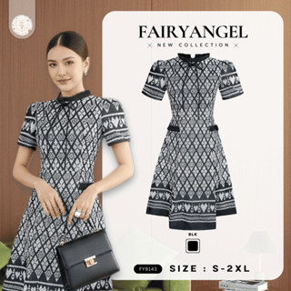 Fairyangelstore - เดรสผ้าพิมพ์ลายมัดหมี่แขนตุ๊กตาคอรูดผูกเชื…