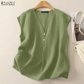 ZANZEA เสื้อลายอเนกประสงค์สำหรับผู้หญิง ออกแบบสไตล์เกาหลี แขนสั้น มีกระดุม V-neck ทำจากผ้าฝ้ายและลินิน เหมาะสำหรับวันหยุดและสวมใส่ในช่วงฤดูร้อน
