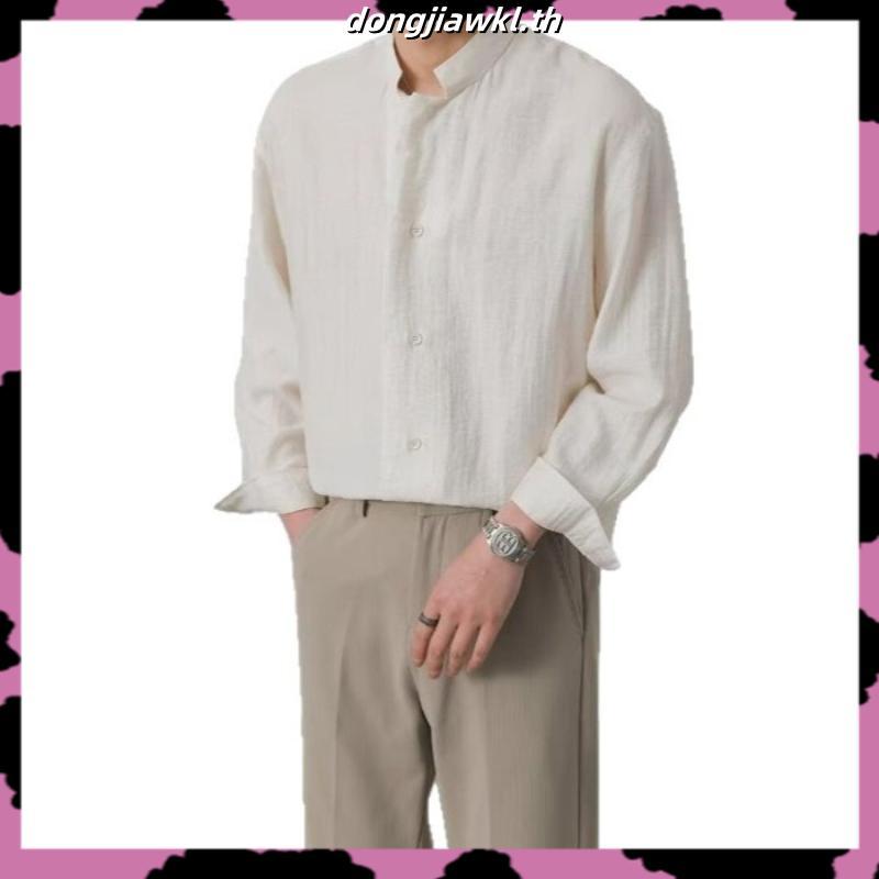 NHYGSV เสื้อเชิ้ตแขนยาวผู้ชาย ผ้าลินินระบายอากาศได้ดี มี 3 สี ทรงหลวม คอปกตั้ง [B436]