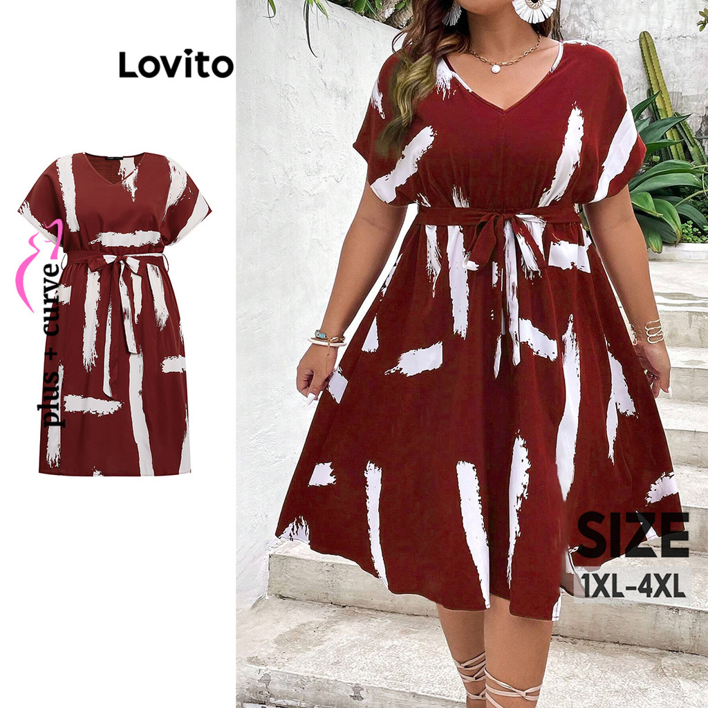 Lovito ชุดชุดเดรสสาวอวบ ผ่าหน้า ผูกเอว ลายทาง สไตล์ลำลอง LBL16151
