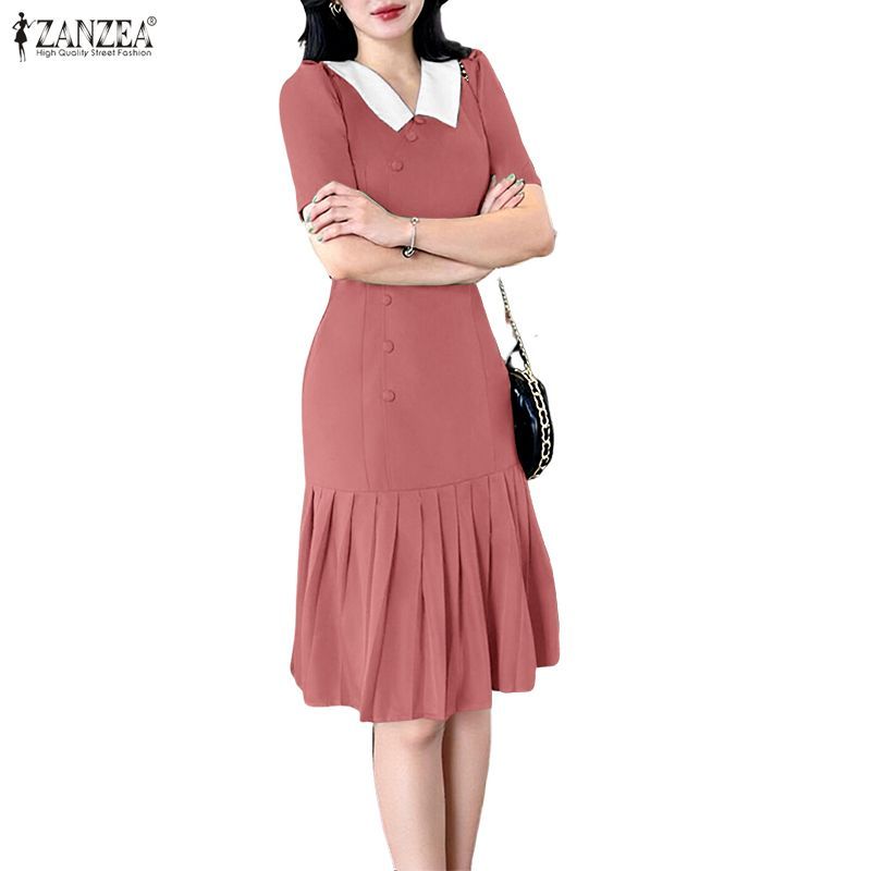 ZANZEA ดRESSES สไตล์เกาหลีสำหรับผู้หญิง แขนสั้นมีปุ่มไม่สม่ำเสมอ ปกพับลง และกระโปรงซิลูกฟูก