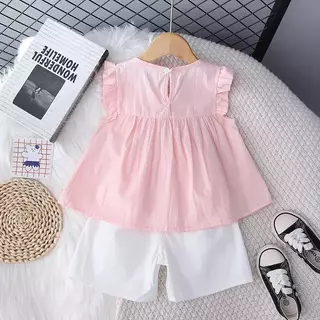 MooDeng Baby ชุดเสื้อผ้าเด็กหญิงแขนสั้น ชุดเช็ตเสื้อ+กางเกง สำหรับเด็กหญิงน่ารักๆ ผ้ายฝ้าย ใส่สะบาย พร้อมส่งจากไทย