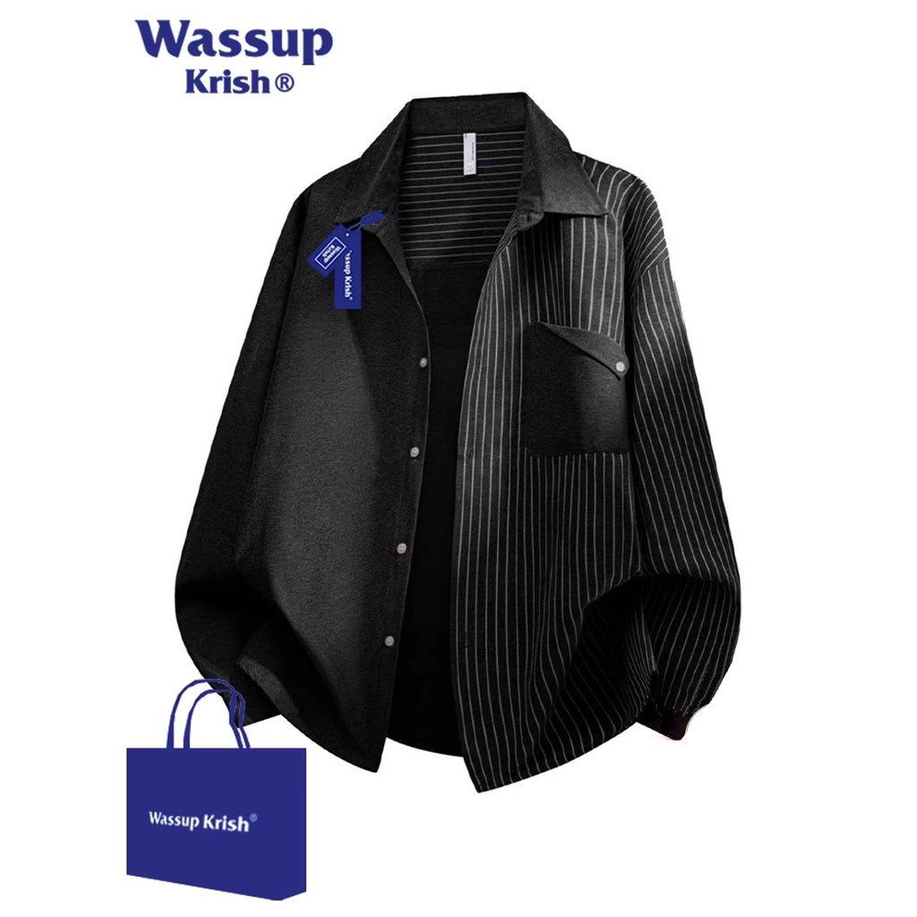 WASSUP KRISH สีดําลายเย็บเสื้อแขนยาวผู้ชายฤดูใบไม้ผลิการออกแบบความรู้สึกขนาดใหญ่เสื้อลําลองแจ็คเก็ต