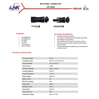 [ 1 คู่ ] CB-1006A MC4 Panel Connector หัวโซลาร์ MC4 คู่ติดแผง LINK 1500V TUV Standard เอ็มซัโฟร์ ลิ้งค์ ขั้วต่อสายโซ...