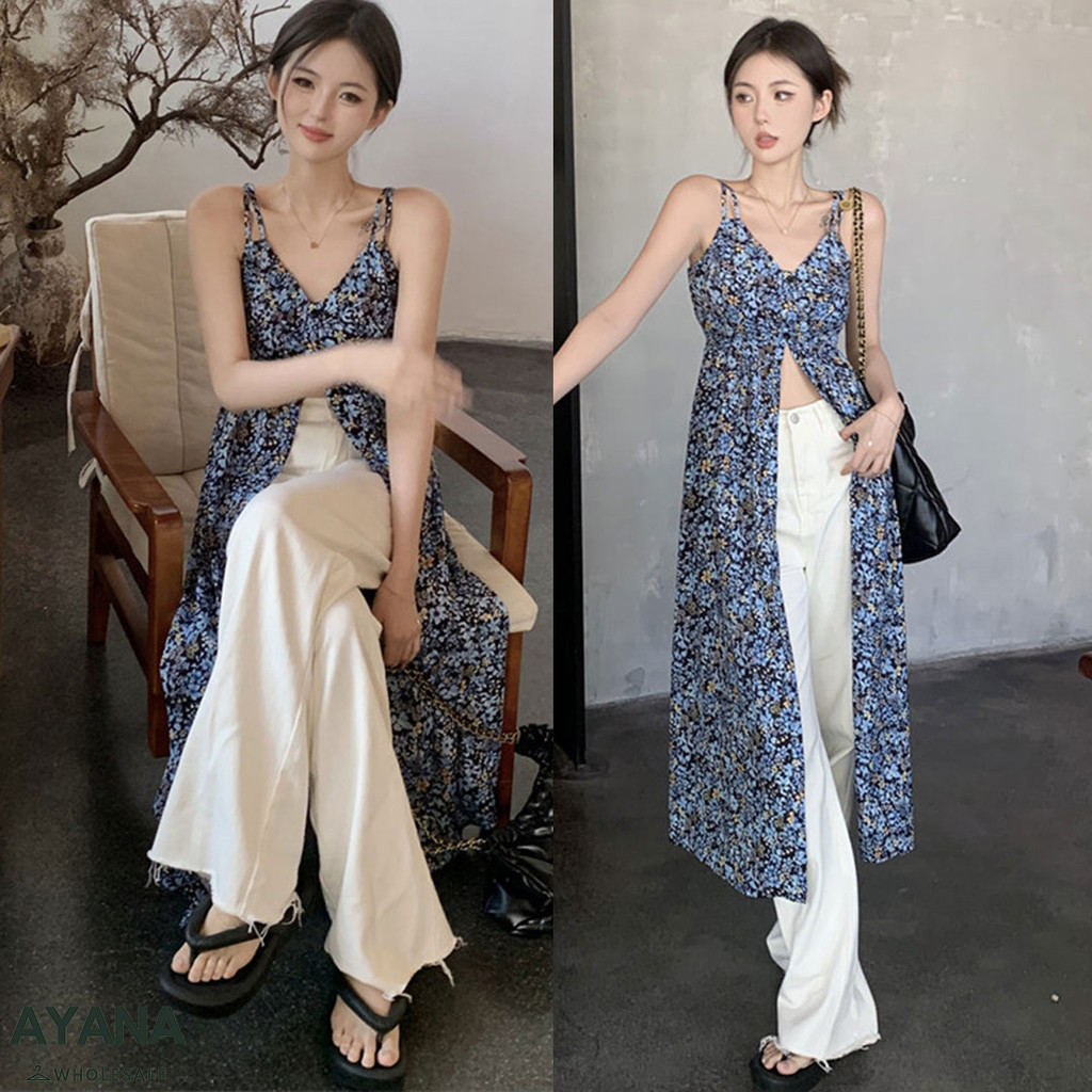 ชุดเดรสแขนกุดลายดอกไม้ เปิดข้างสไตล์ฝรั่งเศส
