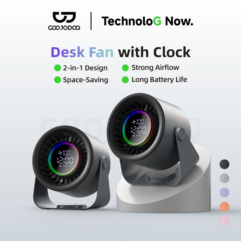 GOOJDOOQ GFS024 พัดลมตั้งโต๊ะความเร็วสูง 4000mAh นาฬิกาจอแสดงผลดิจิตอลติดผนังการออกแบบประหยัดพื้นที่