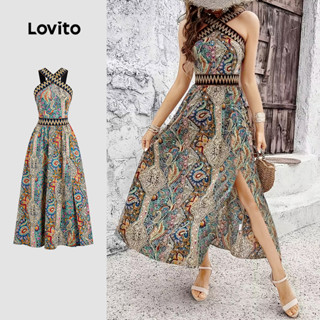 Lovito  เดรสโบโฮ คอปกสีตัดแต่งสายไขว้ สําหรับผู้หญิง ฤดูใบไม…