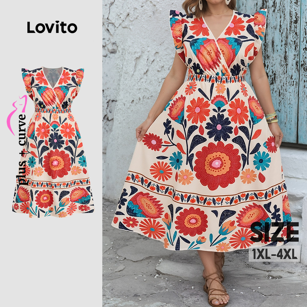 Lovito  เดรสโบโฮสไตล์รีสอร์ทลายดอกระบายสําหรับฤดูใบไม้ผลิ/ฤดูร้อนสําหรับผู้หญิง LBL32226