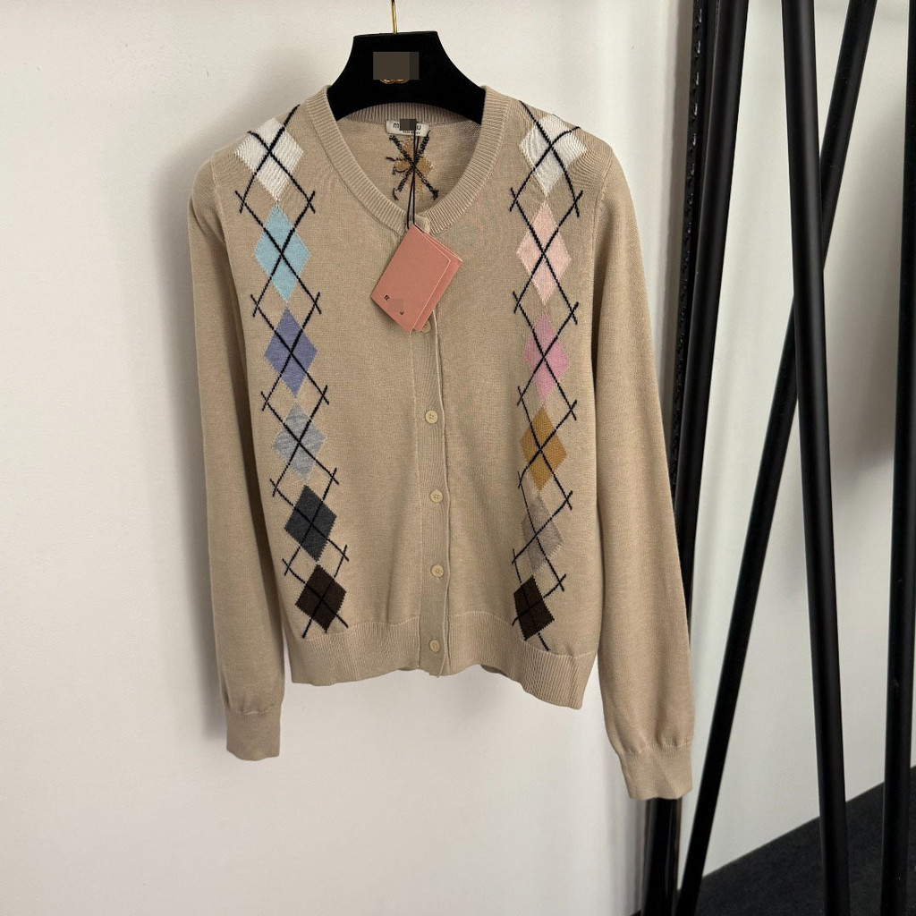 U0B MI/Miu-M อารมณ์ Slim-fit แสดงรูปเพชรที่มีสีสันตรวจสอบรอบคอแขนยาวขนสัตว์ถัก Cardi