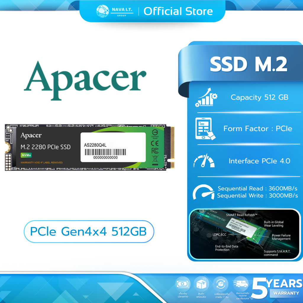 Apacer SSD M.2 (เอสเอสดี) PCle Gen4x4 512GB AS2280Q4L-1 (AS2280Q4L)