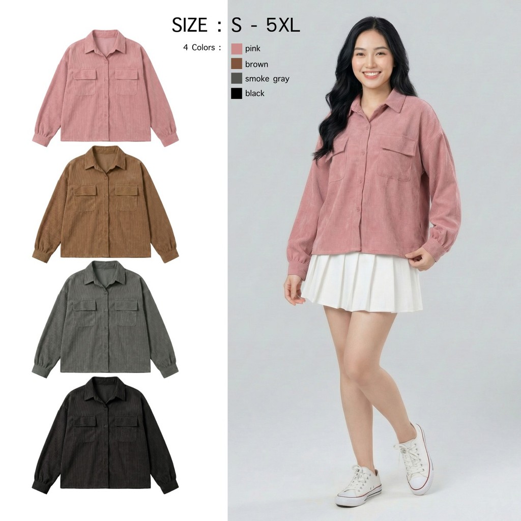 เสื้อเชิ้ตลูกฟูกแขนยาว ทรงโอเวอร์ไซส์ มีไซส์ S-5XL เนื้อผ้าพรีเมียม นุ่มใส่สบาย มีกระเป๋าคู่หน้า ลุคคุณหนูดูแพง