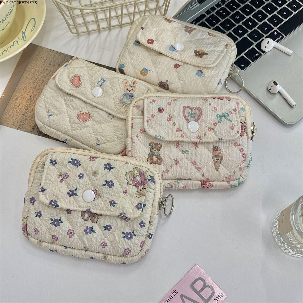 BACKSTAGEEET4FC3 น่ารัก Quilted Storage Bag,แบบพกพา Quilted ID Holderการ์ตูนดอกไม้กระเป๋าใส่เหรียญ,Multifunction Key Coin Purse Card Bags