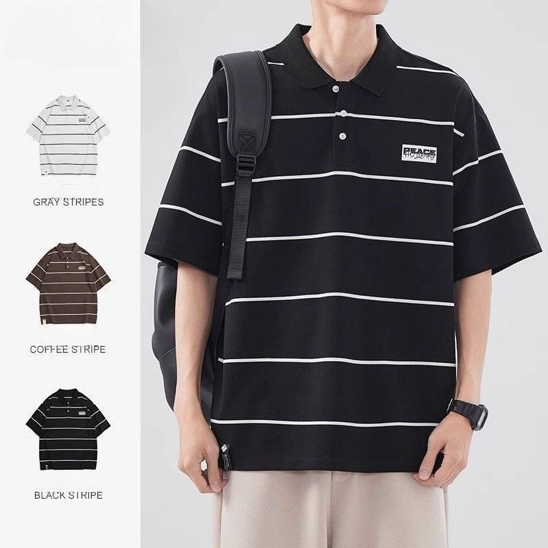Chaistyle เสื้อโปโลลายทาง แขนสั้นผู้ชาย ความรู้สึกของการออกแบบ เรียบง่ายแมทช์ง่าย