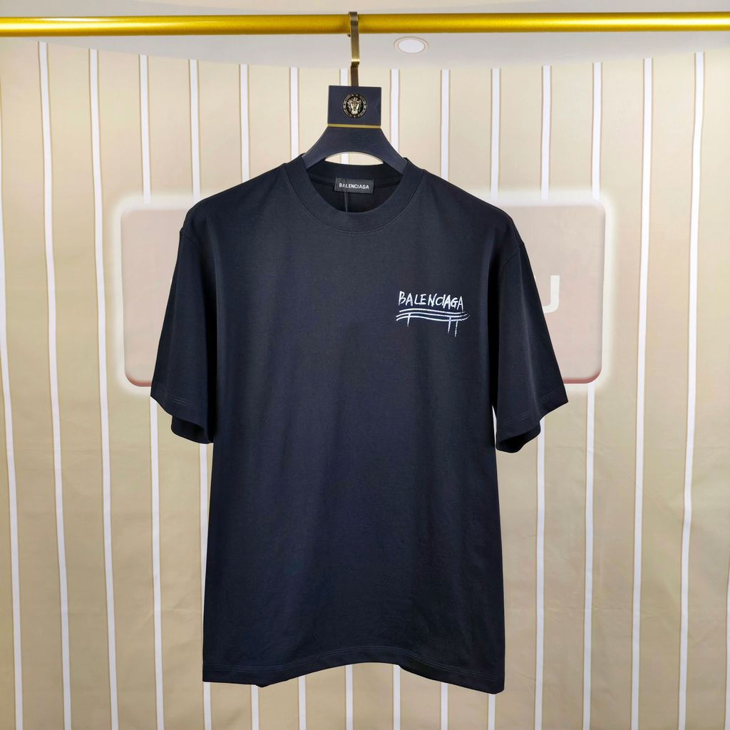 BALENCIAGA/BALENCIAGA คลาสสิกรอบคอแขนสั้นเสื้อยืดผู้ชายผู้หญิงสไตล์รอบคอเกลียว Slim-Fit Creative Pul