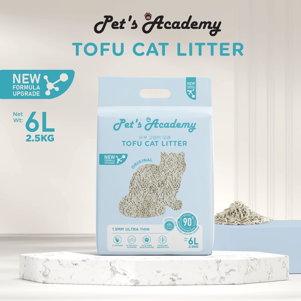 PETS ACADEMY ทรายแมวเต้าหู้ (นม) 6L / 2.5kg / 1.5mm Ultra Thin Flushable, Fast Clumping Pasir Kucing