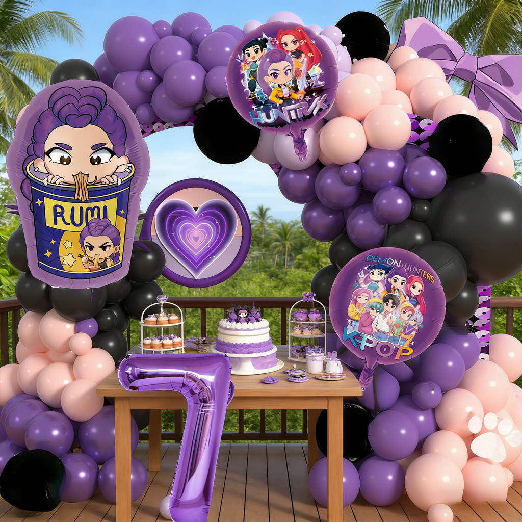 Rumi ลูกโป่ง Demon Hunter Theme Arch ชุดปาร์ตี้ต้องการสําหรับสาววันเกิดชุดตกแต่งบอลลูนปาร์ตี้